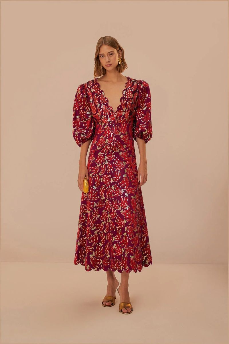 Burgunderfarbenes Jacquard-Midikleid mit Bananenblattmuster