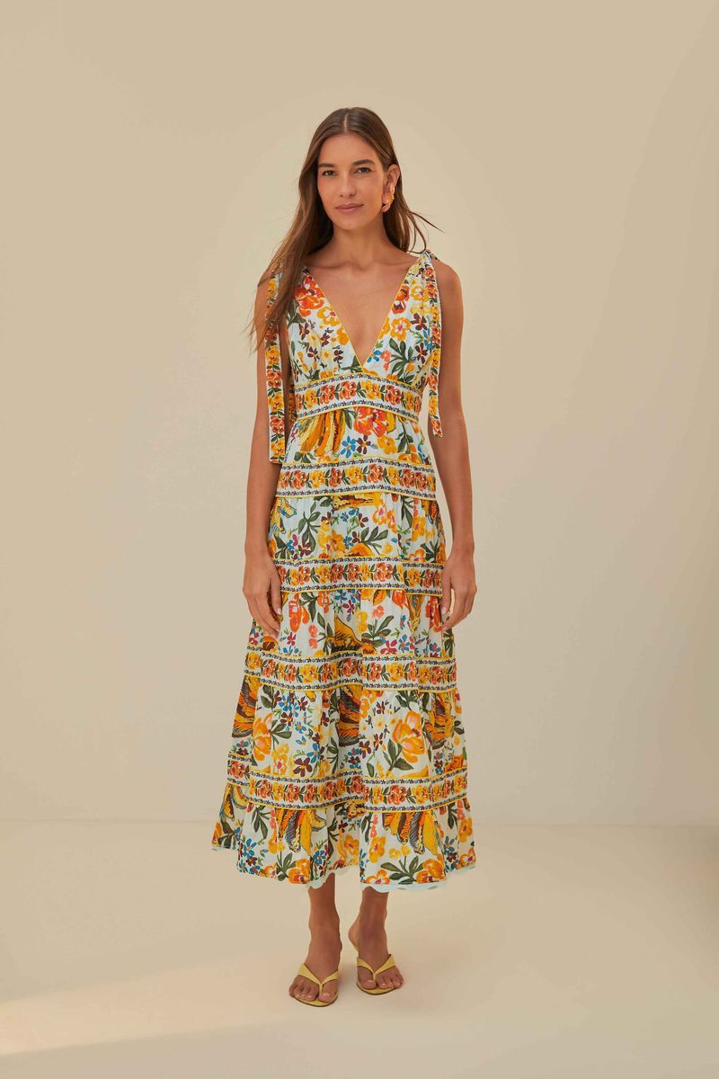 Geblümtes, gestuftes Midi-Kleid mit Bändern