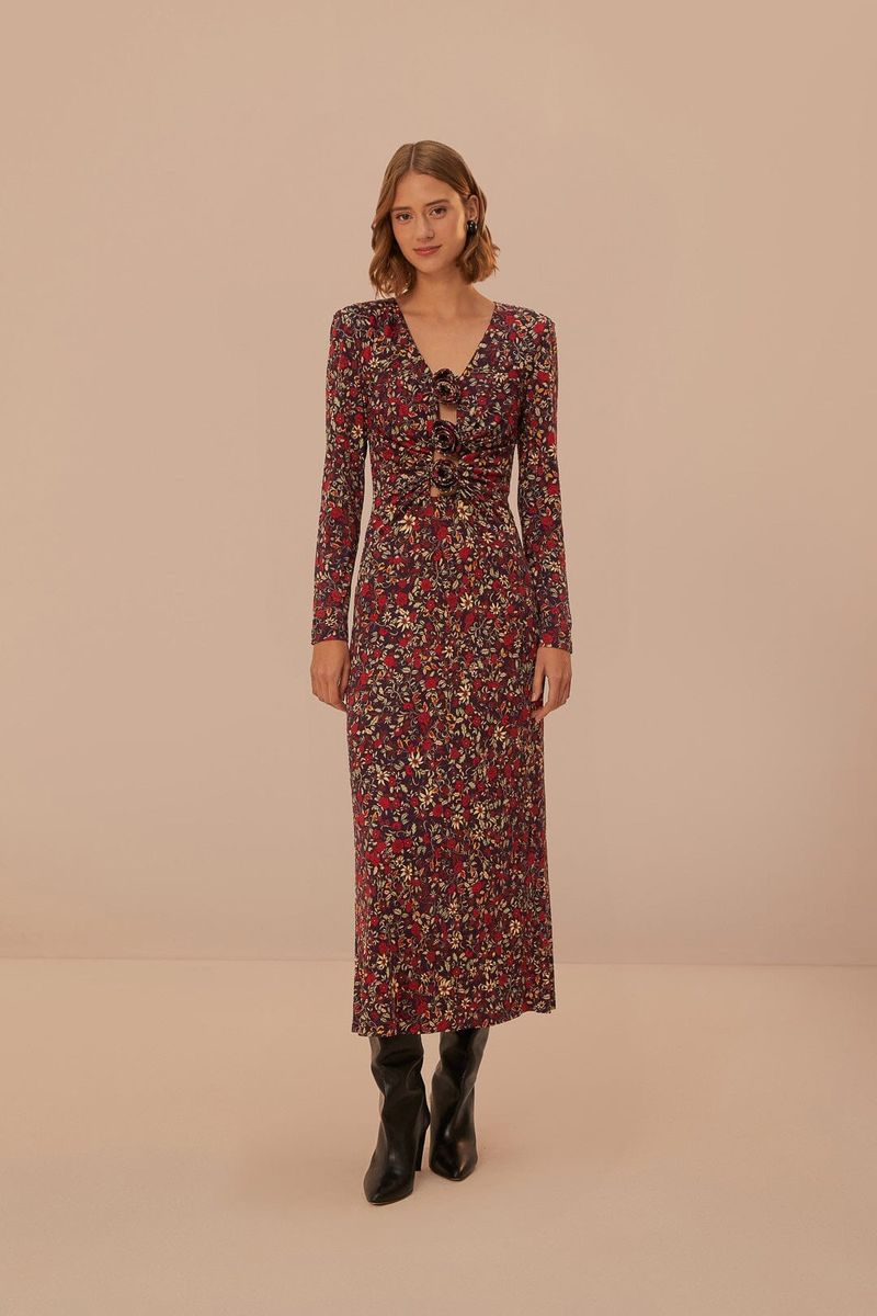 Langärmliges Maxikleid mit Blumenmuster und Knotendetail