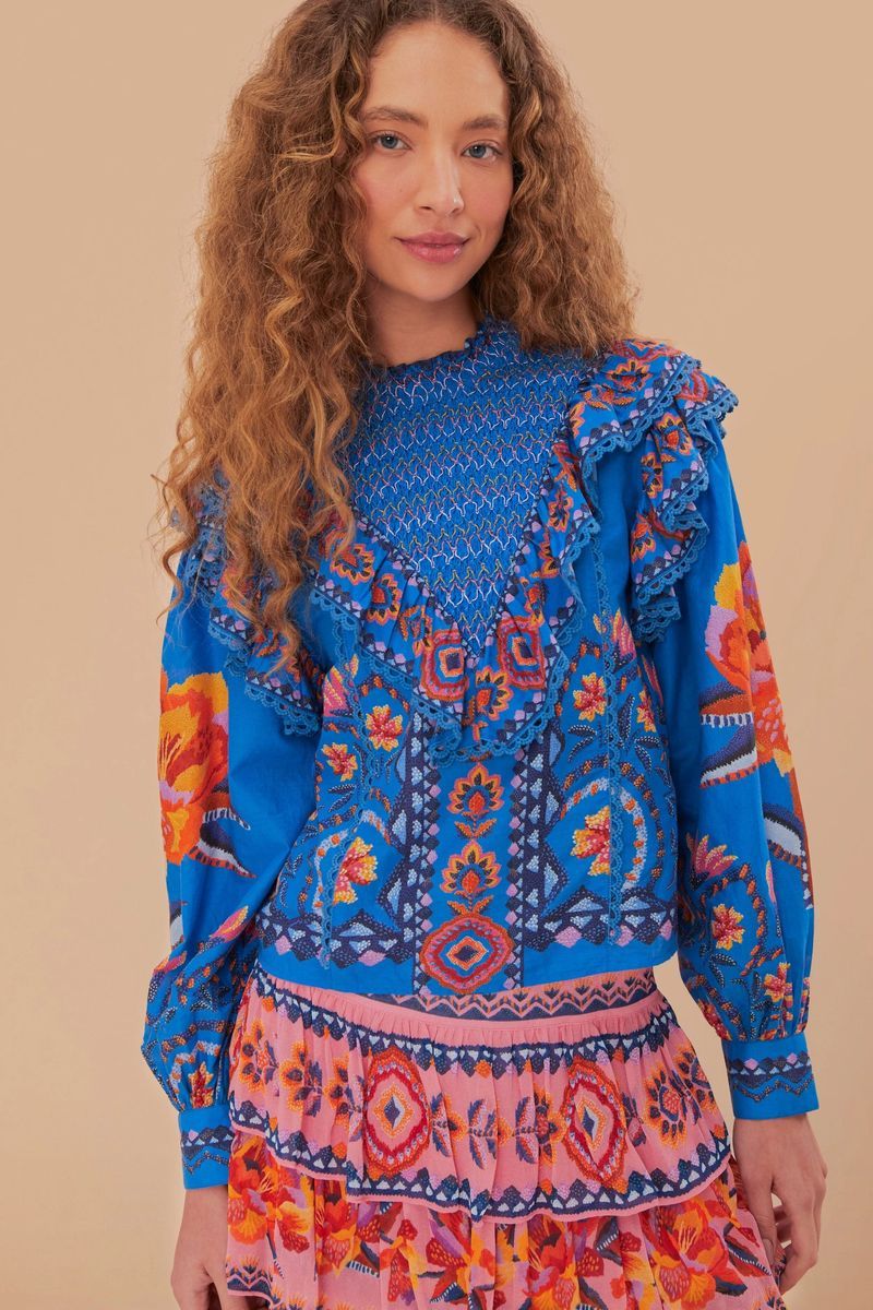 Bluse mit Blumenmuster und Rüschenkragen