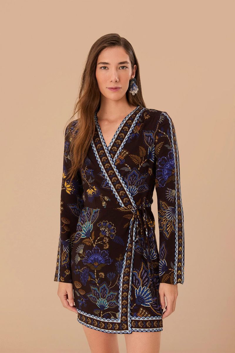 Floral besticktes Viskose-Wickelkleid