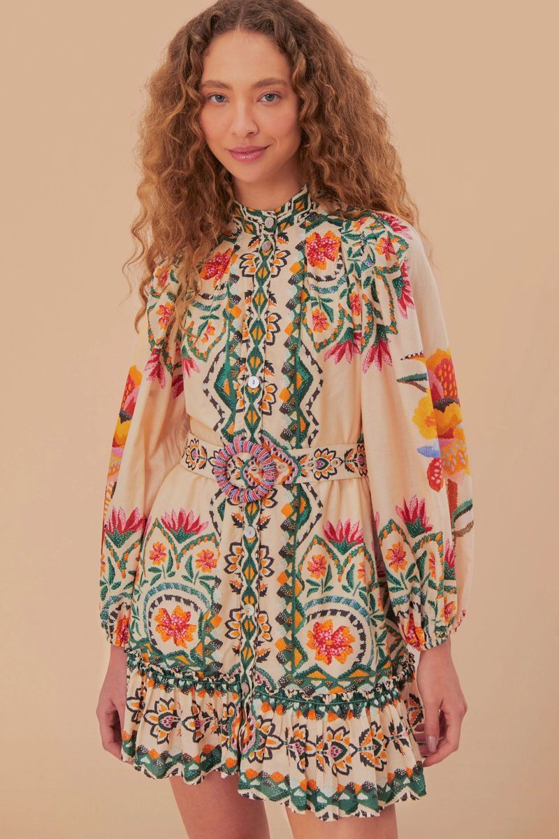 Mini-Kleid mit floralem Wandteppichmuster und langen Ärmeln