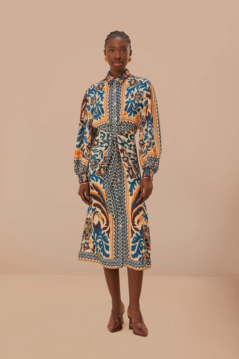 Bedrucktes Midi-Hemdkleid mit Bindegürtel