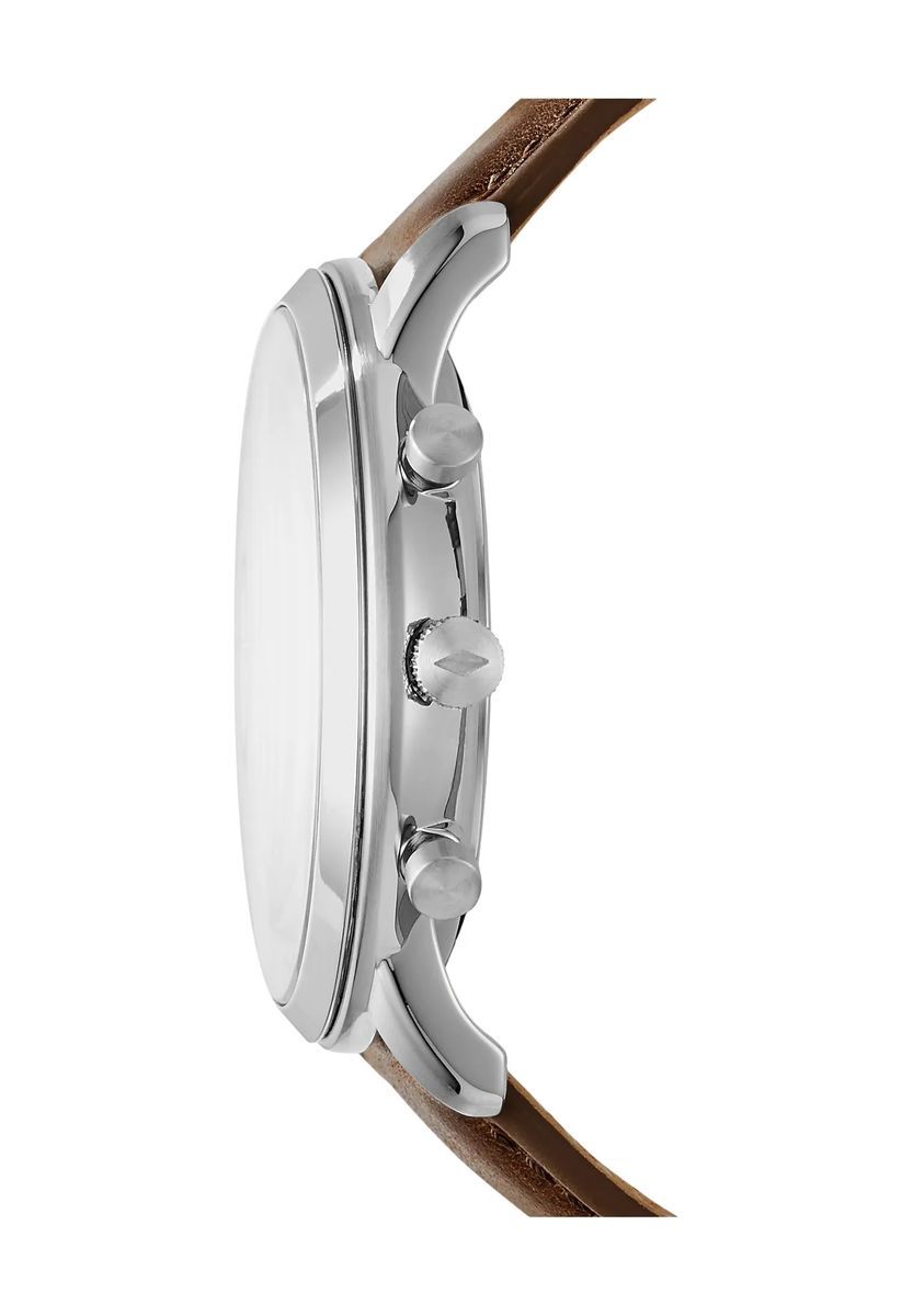 Silbernes Chronographengehäuse mit braunem Armband