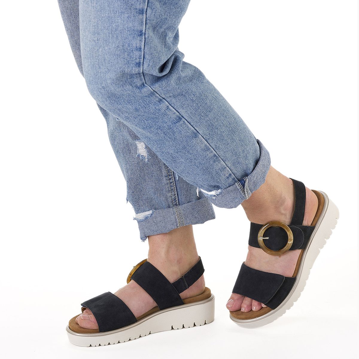 Marineblaue Leder Keilsandalen