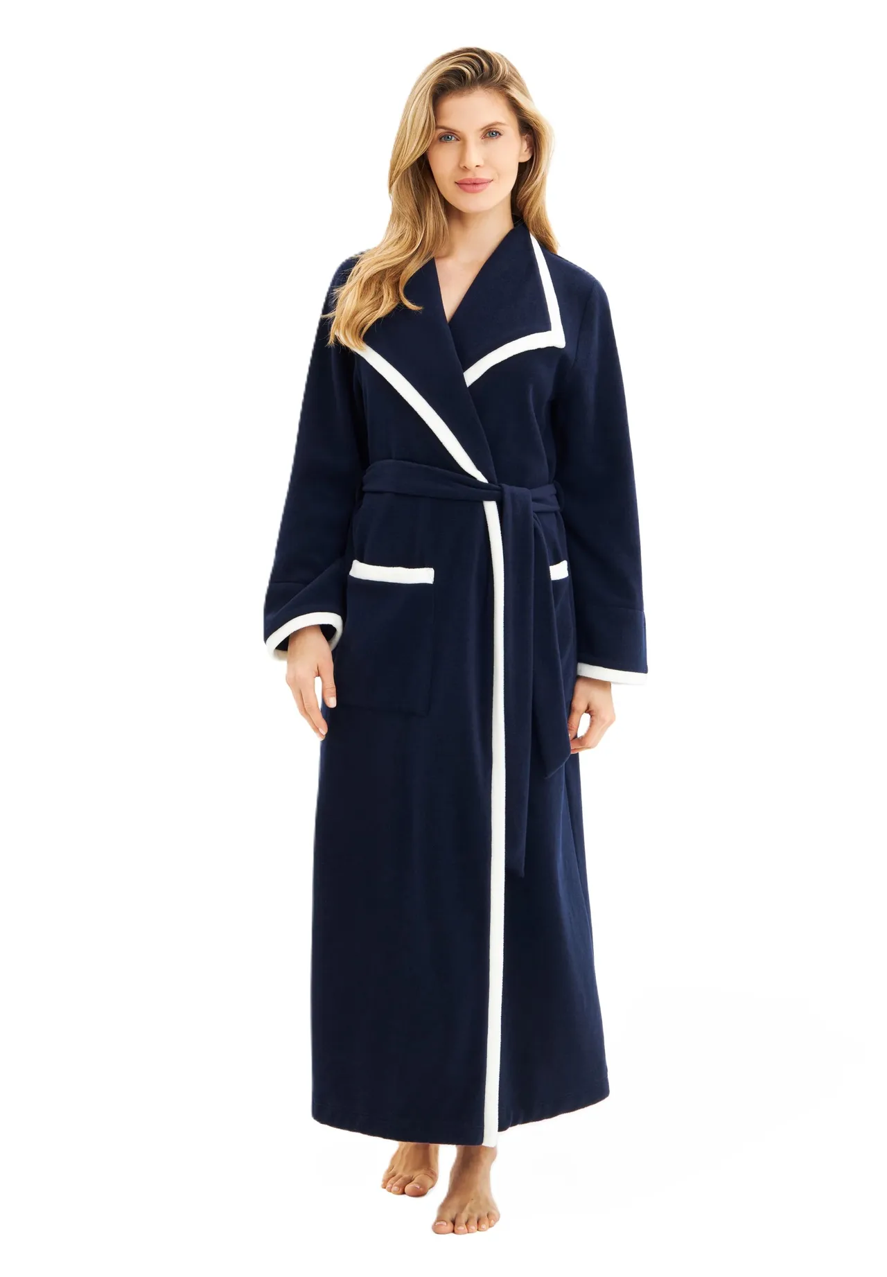 Eleganter Marine-Fleece-Bademantel mit Besatz