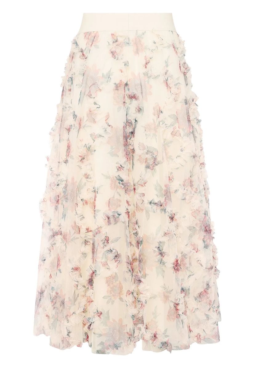 Tüll-Midirock mit Blumenprint in A-Linie