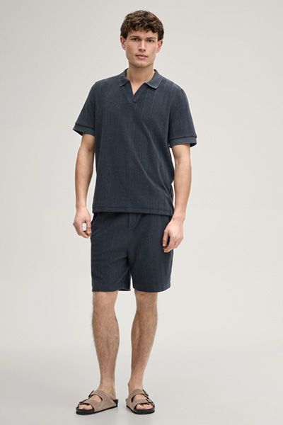 Marineblaue Terry-Fleece-Sweatshorts mit Streifenstruktur und Kordelzugbund