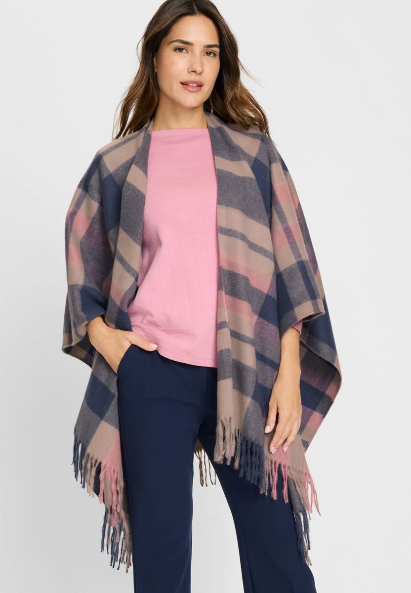Plaid Poncho Cape mit Fransenbesatz