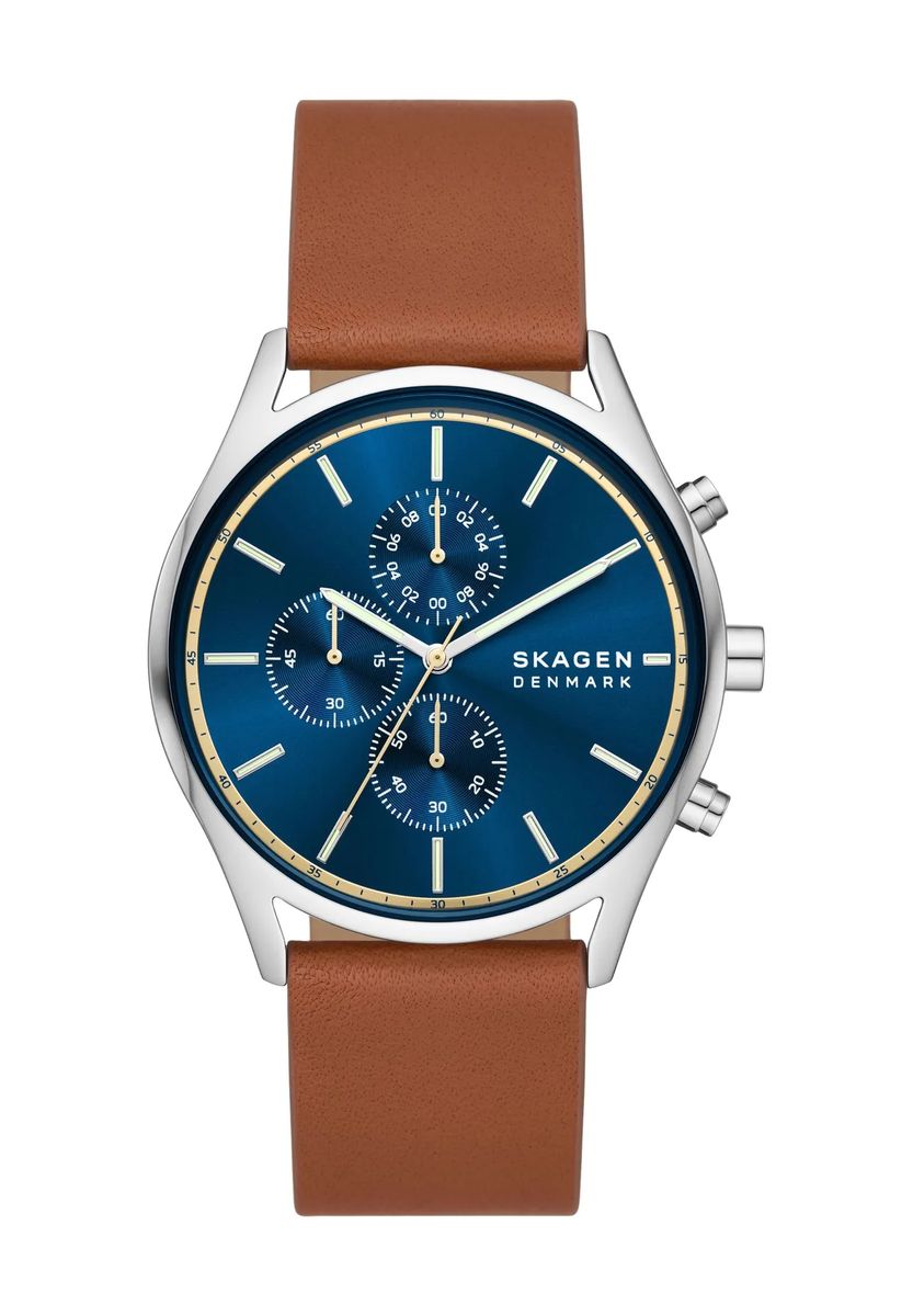 Herren Silber Chronograph Uhr Braun Leder