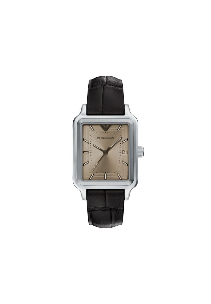 Silberne Uhr mit quadratischem Zifferblatt und Lederarmband