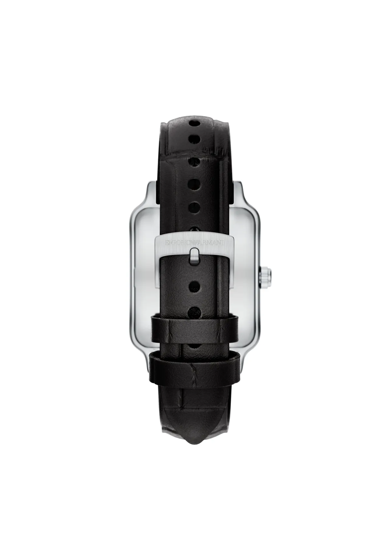 Silberne Uhr mit quadratischem Zifferblatt und Lederarmband