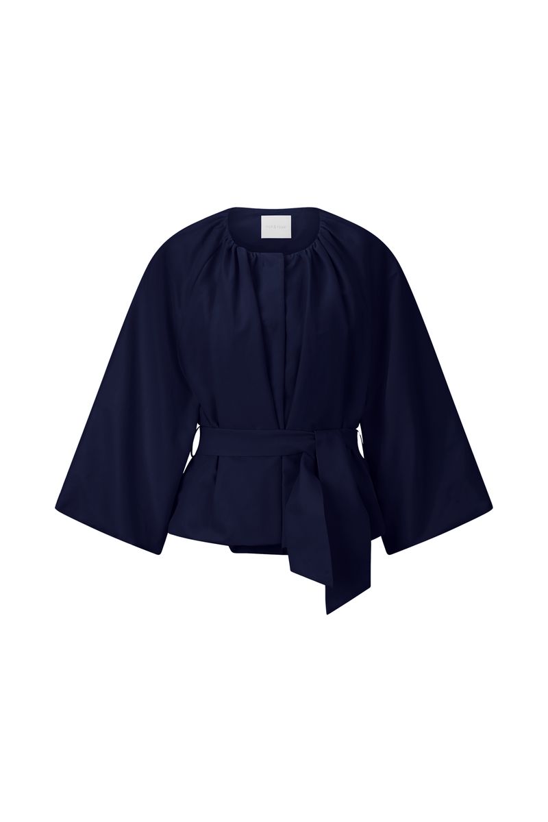 Blaue Jacke mit Ballonärmeln und Gürtel