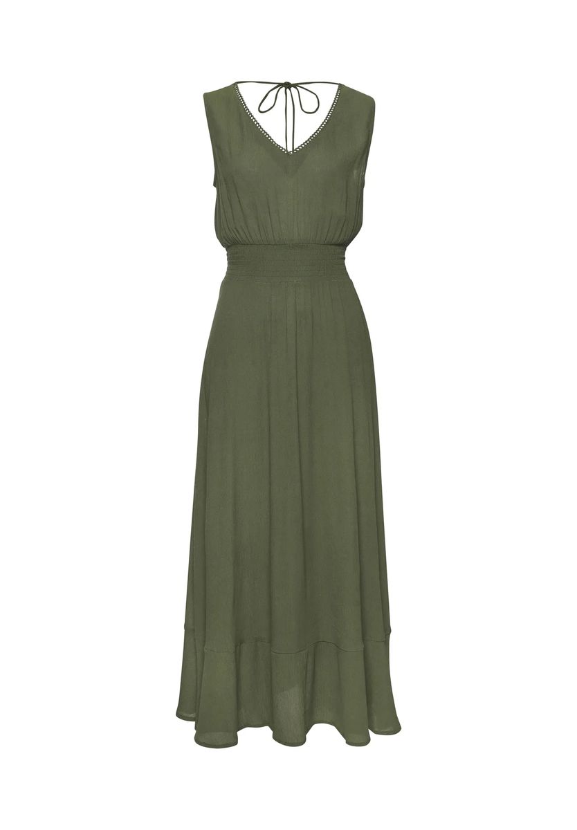 Olivgrünes Maxikleid mit gesmokter Taille