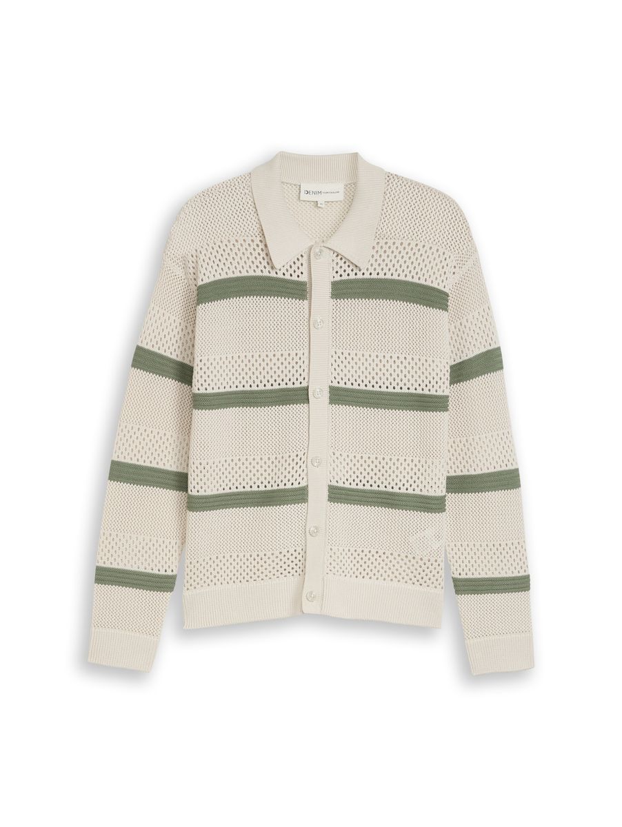 Gestreifte Strickjacke mit Lochmuster und Polokragen