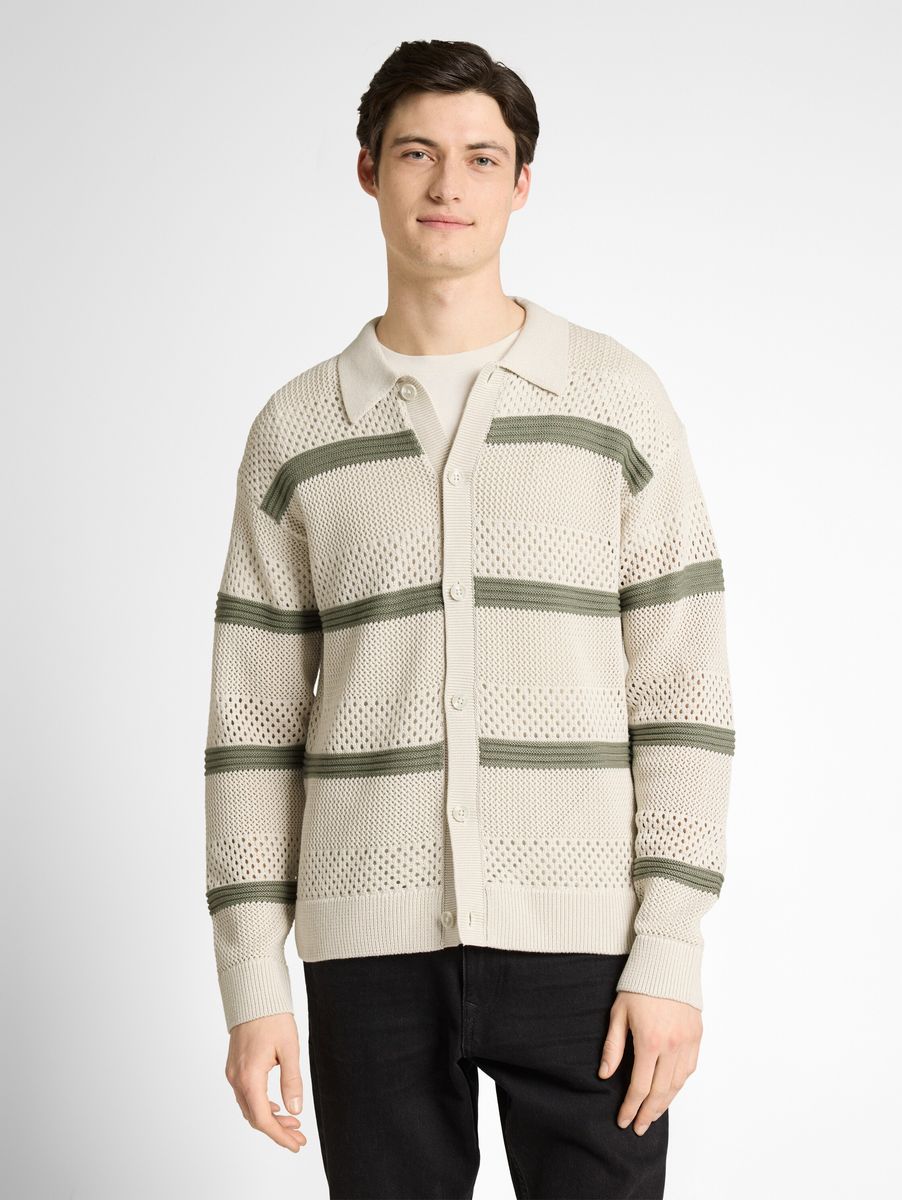 Gestreifte Strickjacke mit Lochmuster und Polokragen