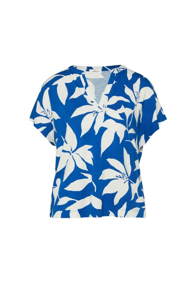 T-Shirt mit Blumendruck und Schlitzkragen