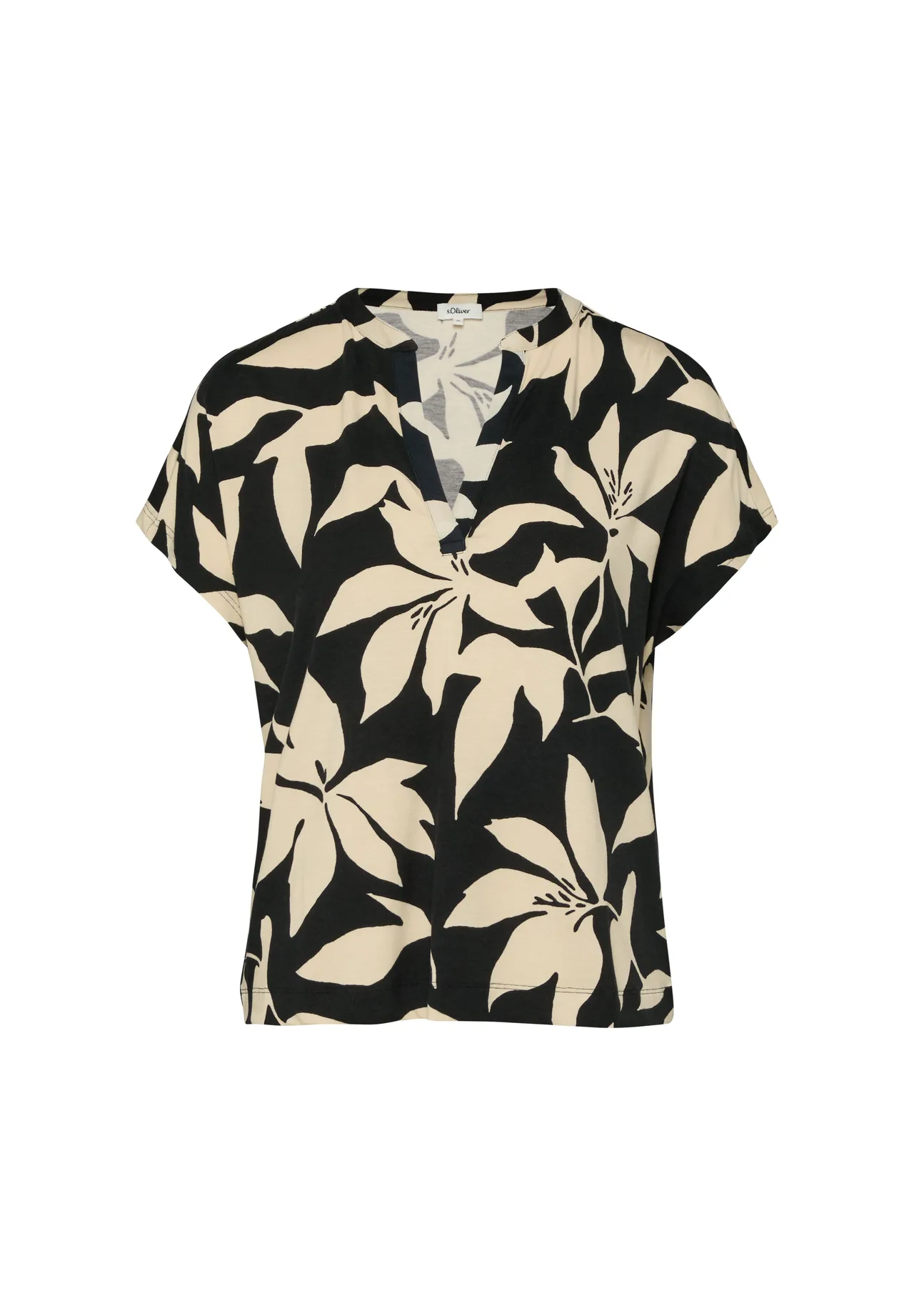 Kurzarmshirt mit Blumenmuster und V-Ausschnitt