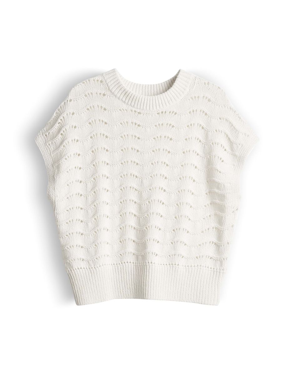 Ärmelloser Strickpullover mit Häkelmuster