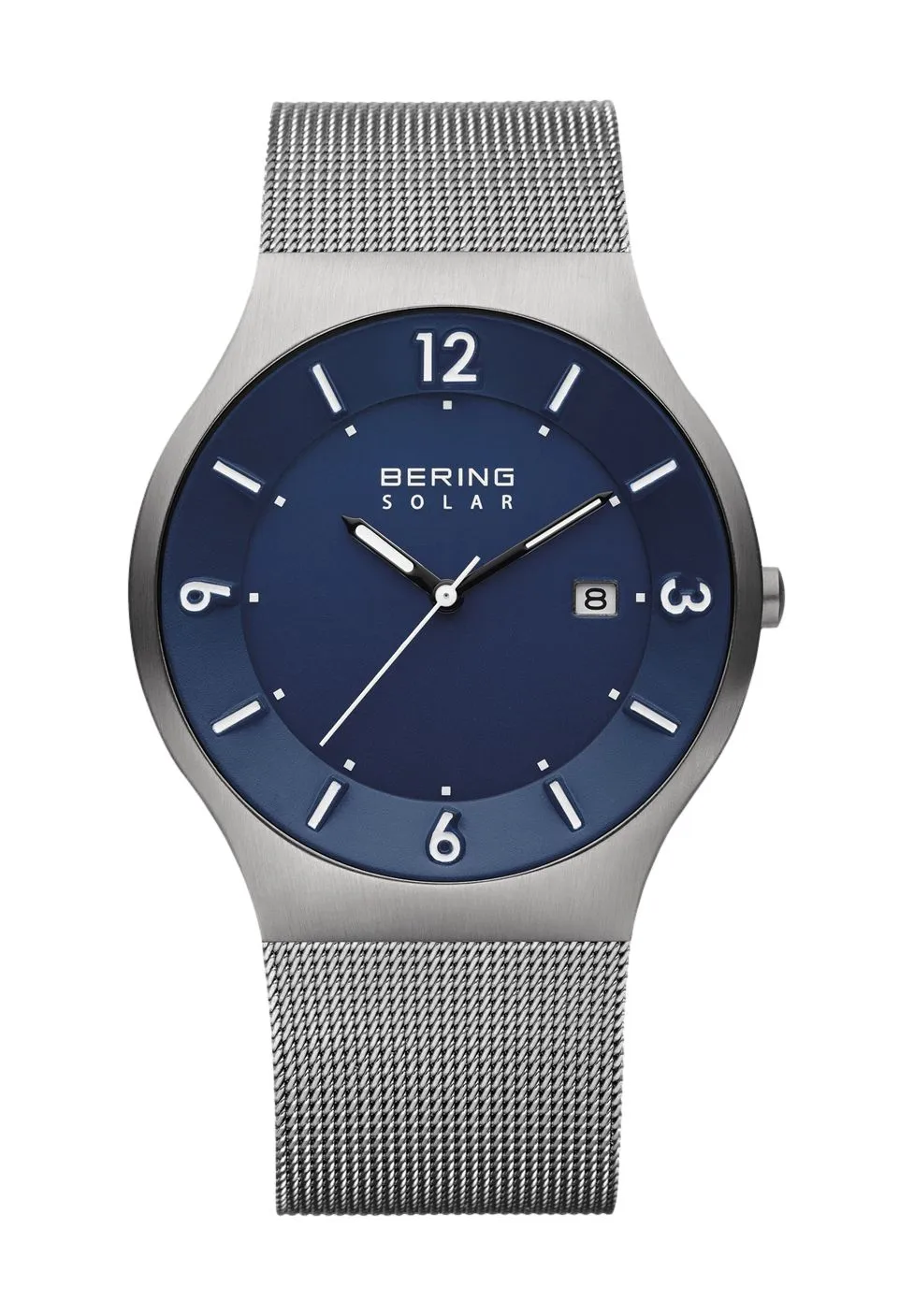 Minimalistische Uhr mit blauem Zifferblatt und Mesh-Armband