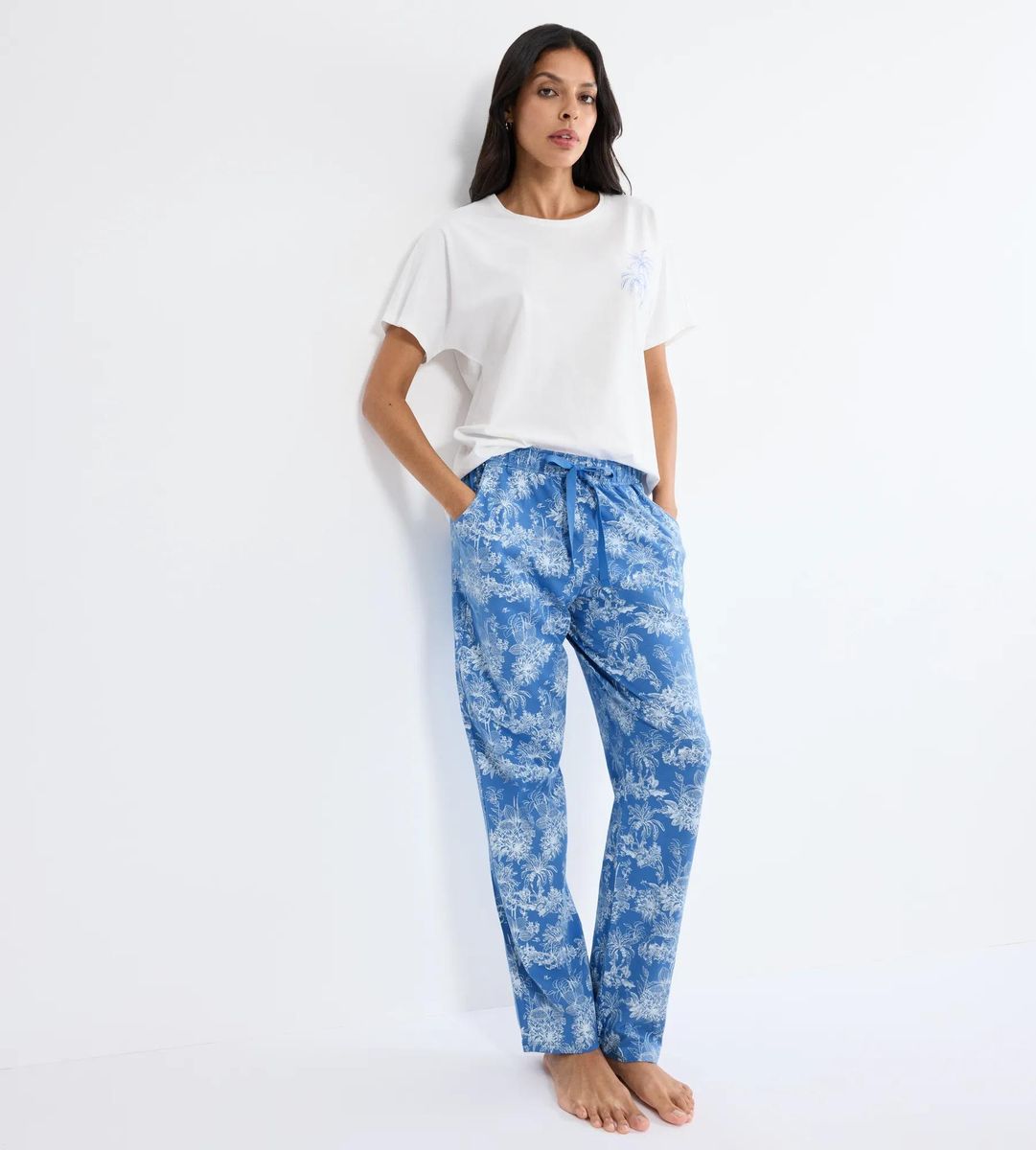 Baumwoll-Loungehose mit Print und Bindeband