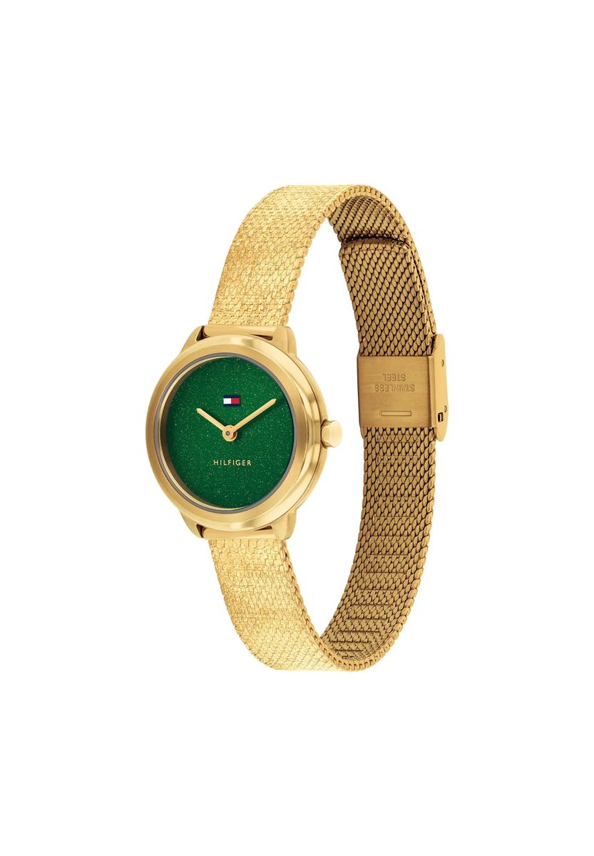 Elegante goldfarbene Uhr mit grünem Zifferblatt