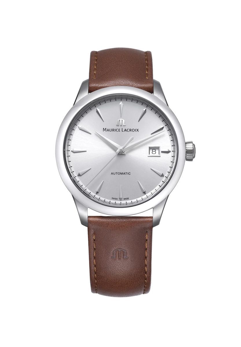 Silberne Automatikuhr mit Lederarmband