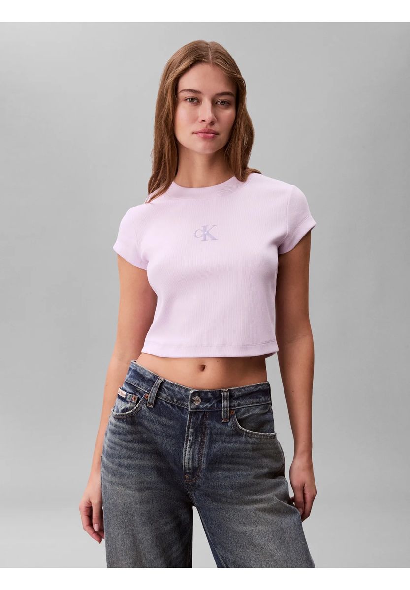 Kurzes geripptes T-Shirt mit Logo