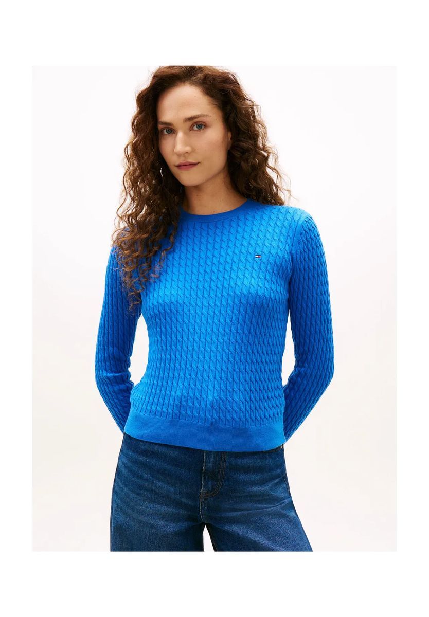 Zopfmuster-Baumwollpullover mit Rundhalsausschnitt