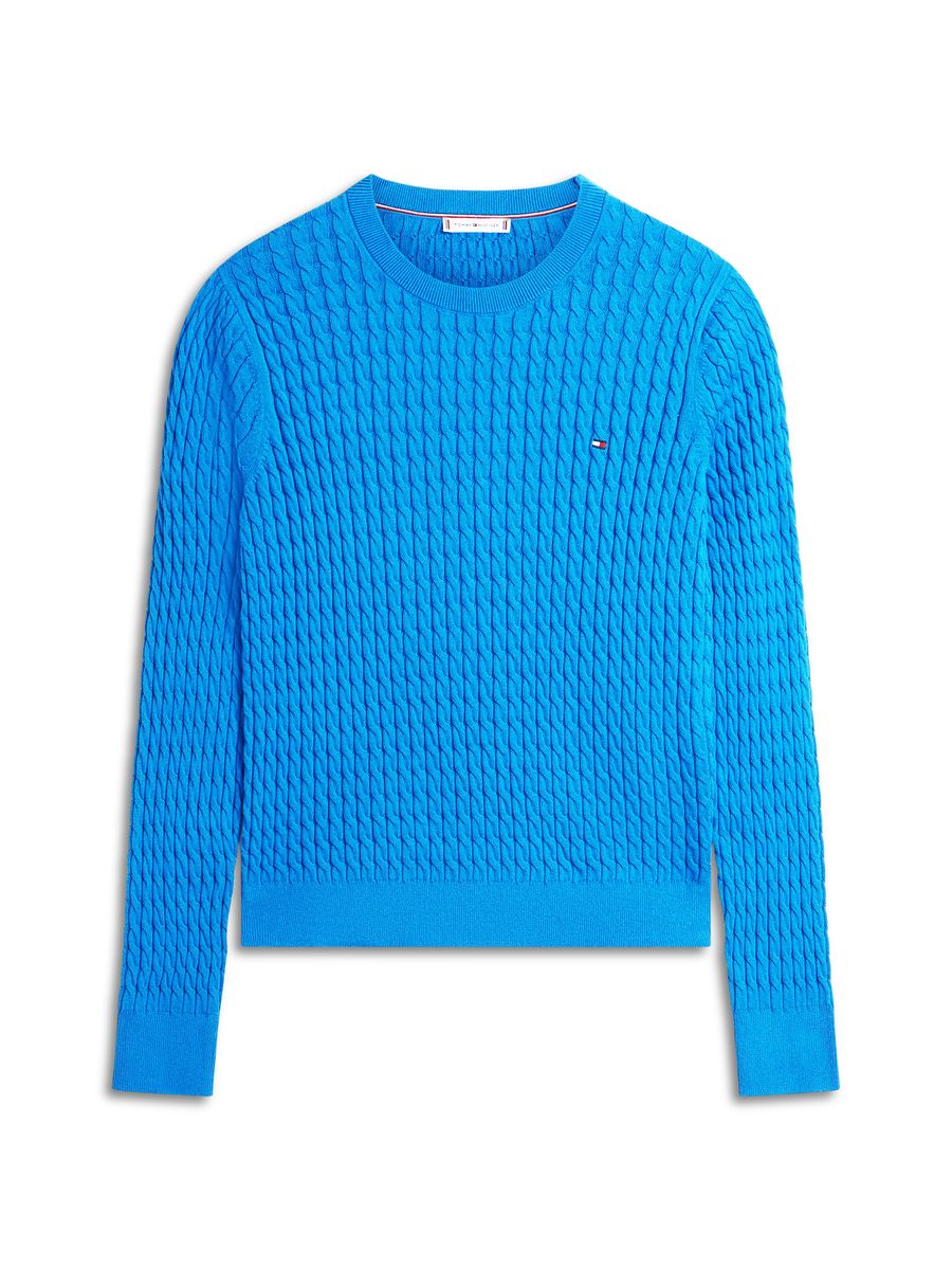 Zopfmuster-Baumwollpullover mit Rundhalsausschnitt