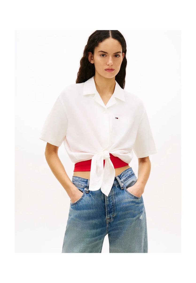 Damen Leinenmischung Bluse mit Knoten