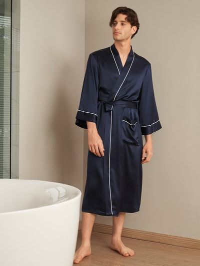 Herren Kimono Seidenbademantel mit weißem Saum