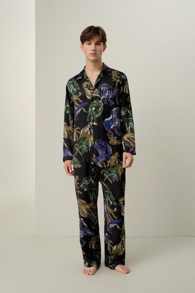 Herren-Seidenpyjama-Set mit Löwenmuster