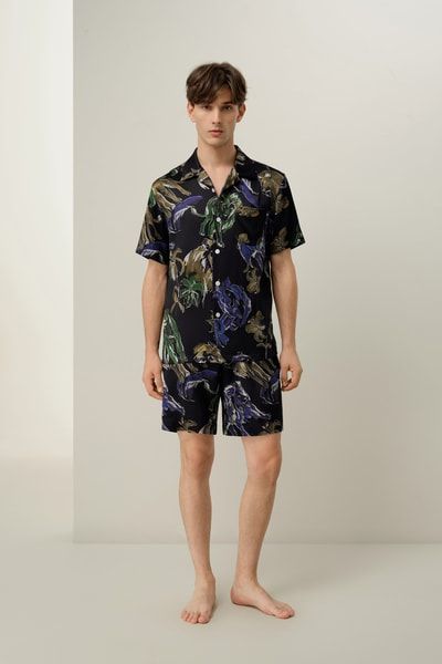 Kurzes Herren-Seidenpyjama-Set mit Blumenmuster