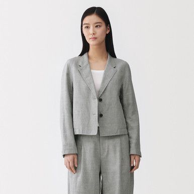 Kurze Jacke aus Leinenmischung mit Fischgrätenmuster