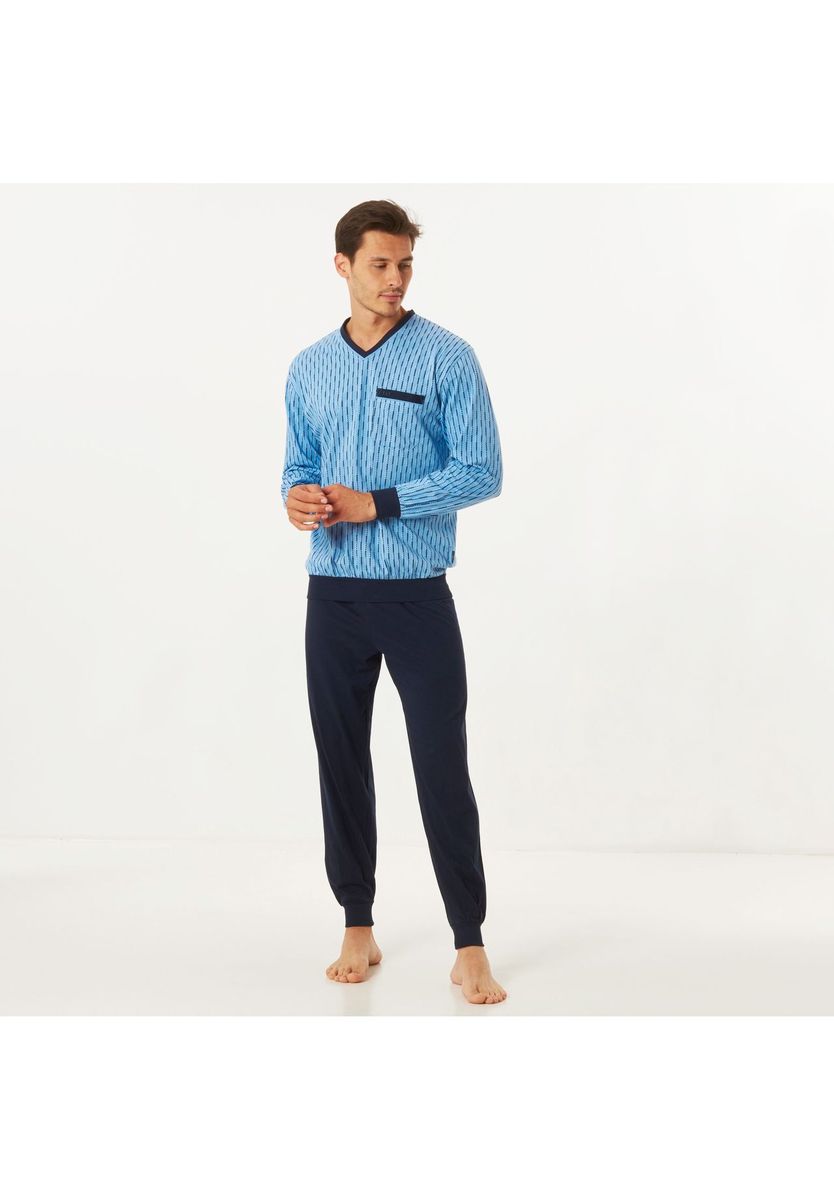 Herren Schlafanzug Langarm mit V-Ausschnitt