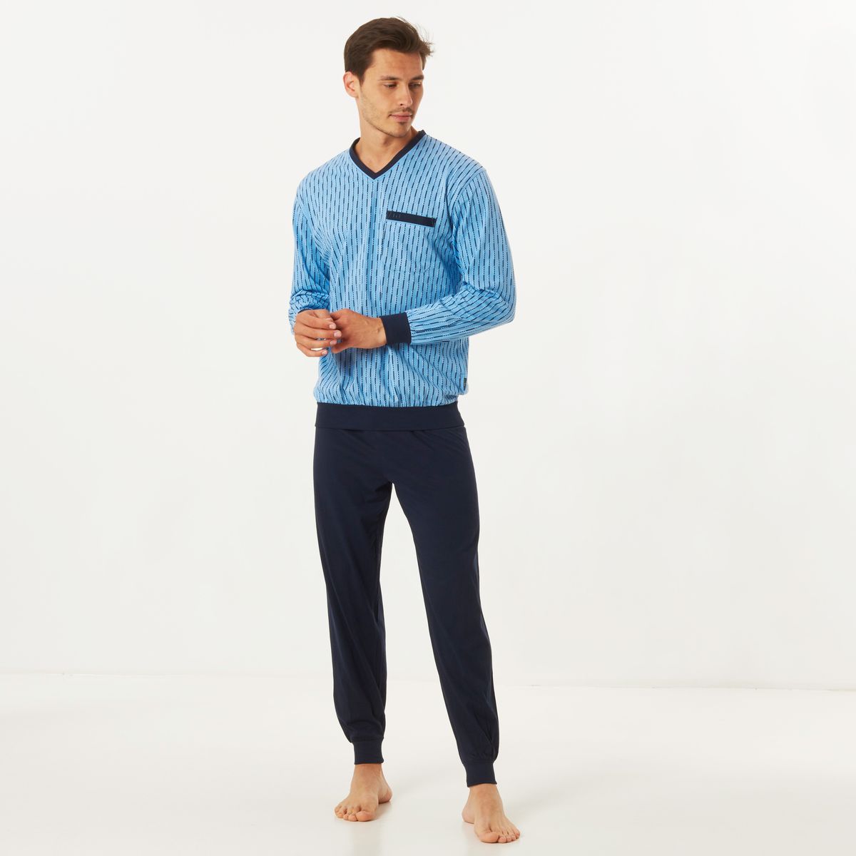 GÖTZBURG Pyjama, Lang, V-Ausschnitt, Brusttasche, Print, für Herren, blau, 48