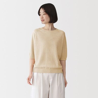 MUJI | Damen-Strickpullover aus Leinen mit kurzen Ärmeln