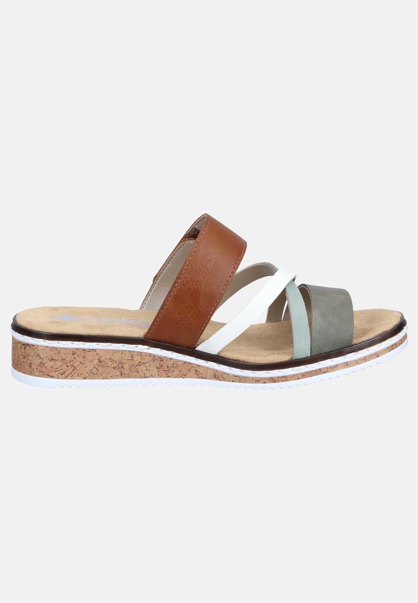 Mehrfarbige Riemchensandalen mit überkreuzten Riemen