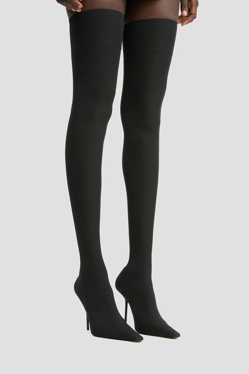 Elegante, Oberschenkelhohe Stiletto-Jersey-Stiefel