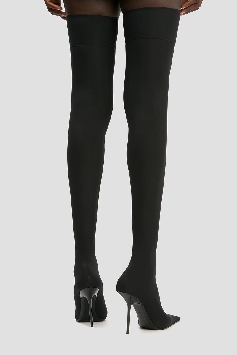 Elegante, Oberschenkelhohe Stiletto-Jersey-Stiefel
