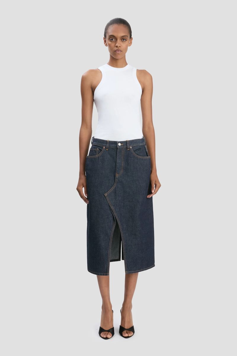 Dunkelwaschung Denim Midirock mit Schlitz