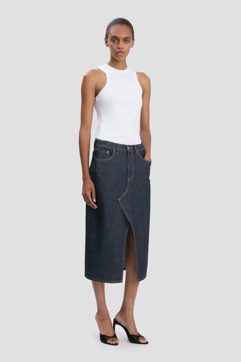 Dunkelwaschung Denim Midirock mit Schlitz