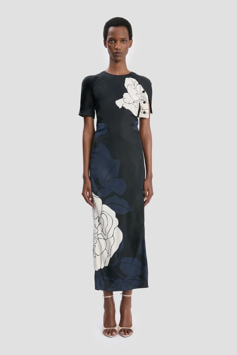 Geblümtes Midikleid mit Schlitz
