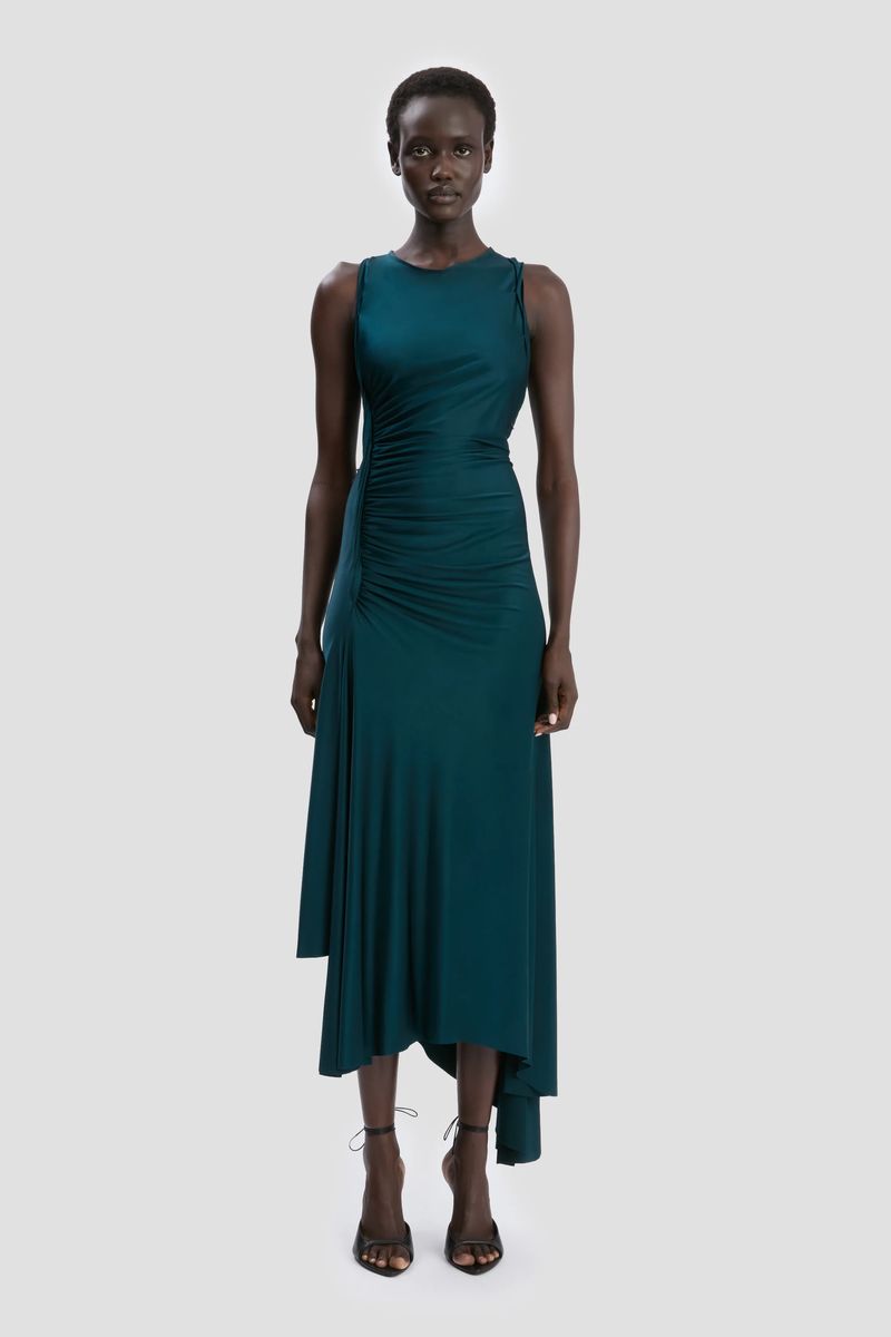Elegantes gerafftes, blaugrünes Midikleid