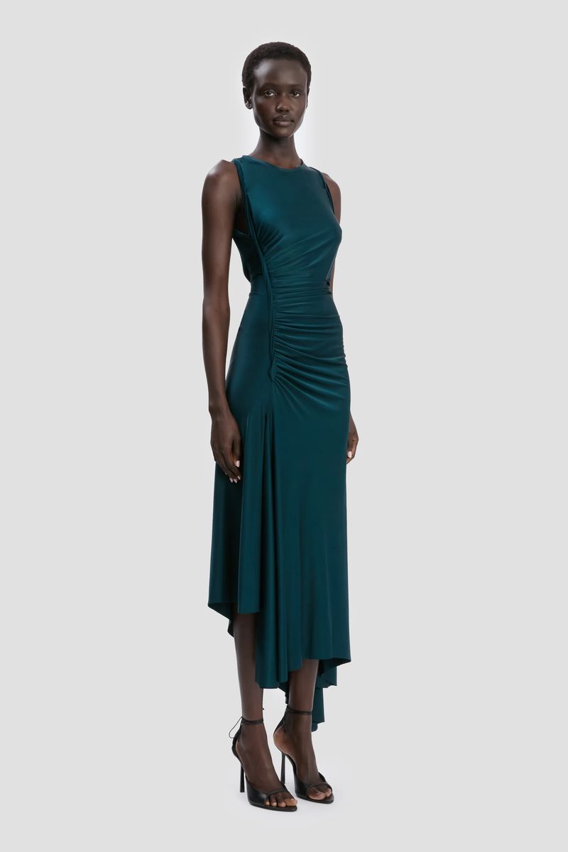 Elegantes gerafftes, blaugrünes Midikleid