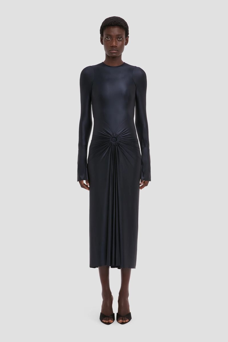 Jersey-Midikleid mit Raffung und Ring