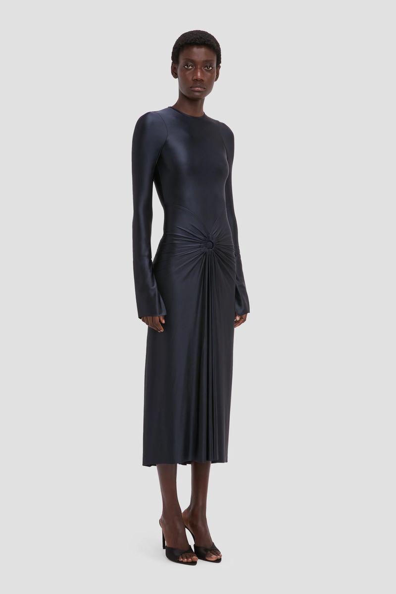 Jersey-Midikleid mit Raffung und Ring