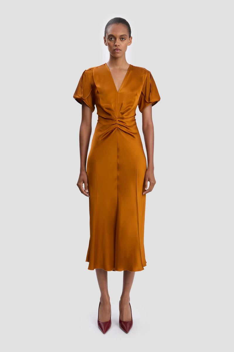 Elegantes bronzefarbenes Midikleid mit Raffung