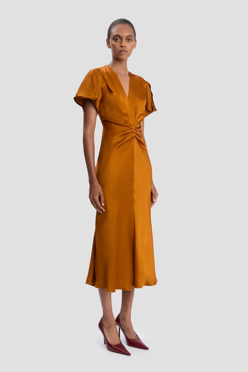 Elegantes bronzefarbenes Midikleid mit Raffung